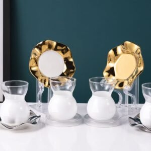 Elegant Glass Tea Cups with Golden Plates Set