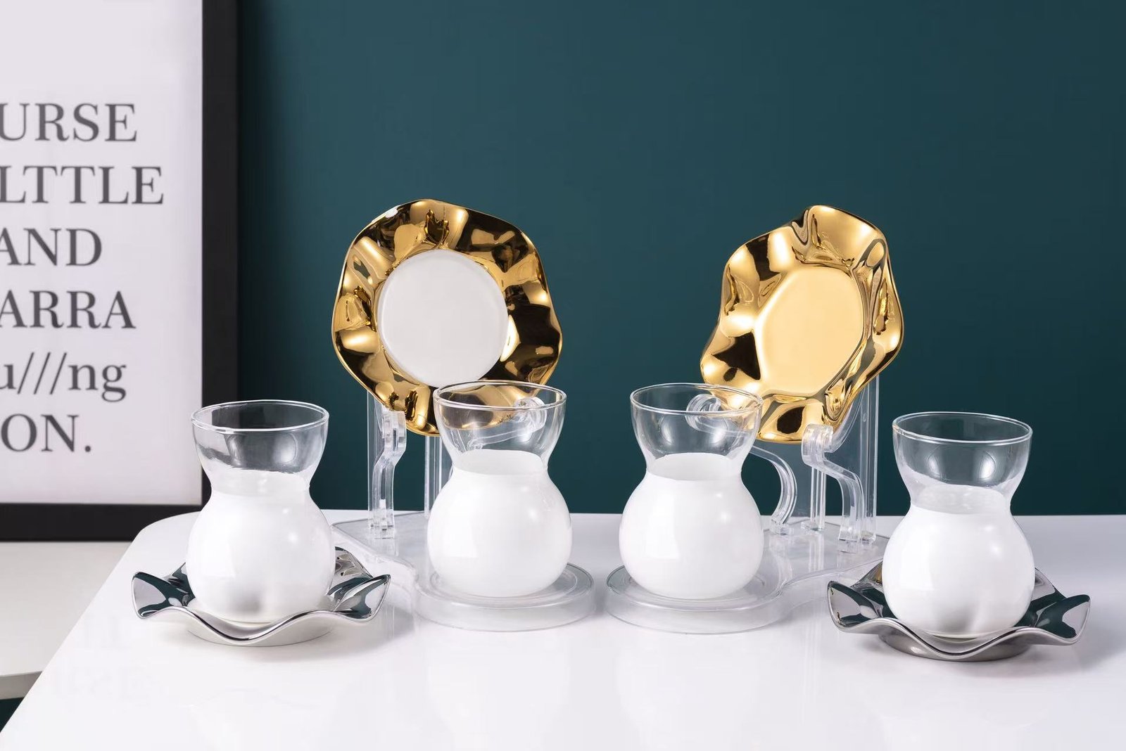 Elegant Glass Tea Cups with Golden Plates Set