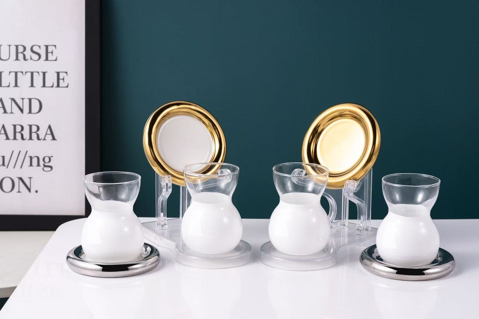 Redefined: Glass White Cups & Golden-White Dishes